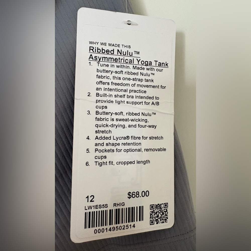 Lululemon Ribbed Nulu Asymmetrical Yoga Tank Top, Rhino Grey, 12, NWT - Picture 5 of 6